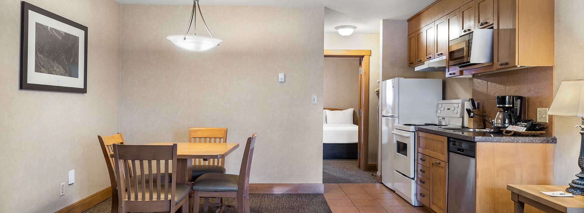 One bedroom condo with kitchen and dining space
